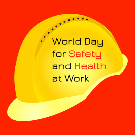 World Day for Safety and Health at Work. 28 April. Celebration concept. Yellow protective helmet. Red background. Text on the helmetのイラスト素材