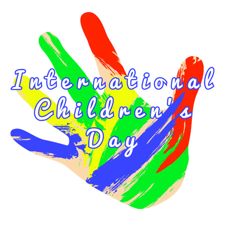 International Childrens Day. Concept of the event. Children palm in the smears of paint. Isolated on white backgroundのイラスト素材