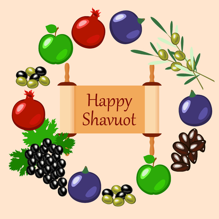 Shavuot Concept of Judaic holiday. Apple, pomegranate, figs, grapes, olives, dates, wheat ears Arranged in a circle. Sefer Torah Peach background Vector illustration.のイラスト素材