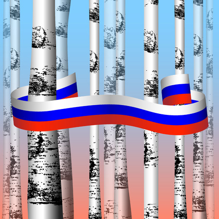 Russia Day. Official Russian holiday. Trunks of birches. White blue red ribbon is between themのイラスト素材