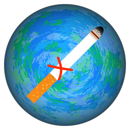 World No Tobacco Day. Concept of event. 31 May. The cigarette is crossed out with a red cross. Background - Planet Earth, isolated on a whiteのイラスト素材