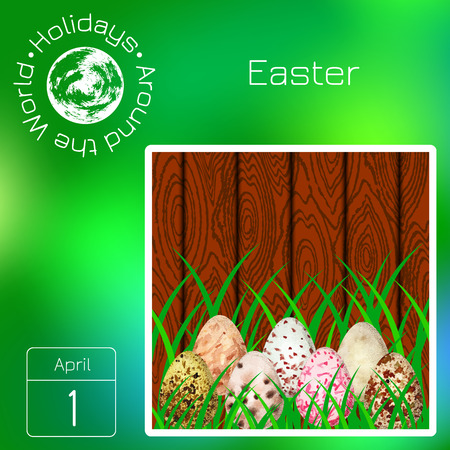 Calendar. Holidays Around the World. Event of each day. Green blur background - name, date, illustration. Easter. 1 April. Eggs with different watercolor stains on the background of wood and grassのイラスト素材