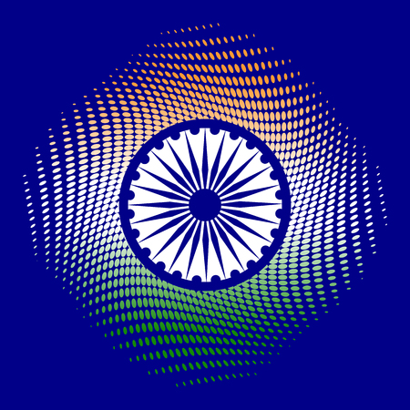 Independence Day of India. 15 August. The colors of the flag are green, white, saffron. Blue wheel with 24 spokes. Blue backgroundのイラスト素材