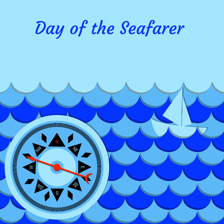 Day of the Seafarer. 25 June. Concept of holiday. Stylized cartoon sea, waves, ship, whale tail compassのイラスト素材