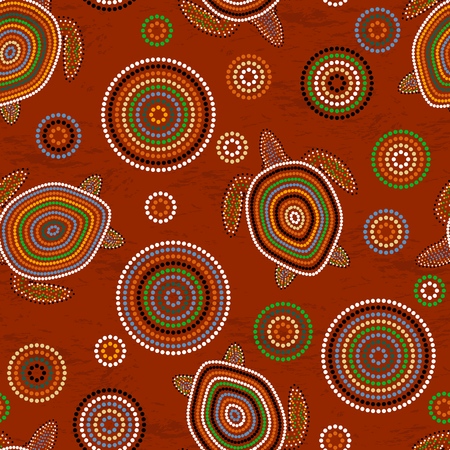 Australian Aboriginal Art. Point drawing. Sea turtles. Seamless pattern. Background brownのイラスト素材
