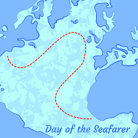 Day of the Seafarer. 25 June. Concept of holiday. Outlines of the continents and the sea, ships. Imitation contour maritime maps with marked routeのイラスト素材