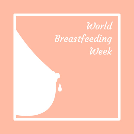 World Breastfeeding Week. Concept of a holiday. Female breast, a drop of milk falls, the name of the event. A gentle concept of breastfeeding, lactation, maternity, motherhoodのイラスト素材