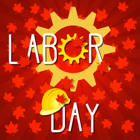 Labor Day in Canada. Concept of a national holiday. 3 September. Gears, construction helmet. Red background with maple leaves. Event nameのイラスト素材