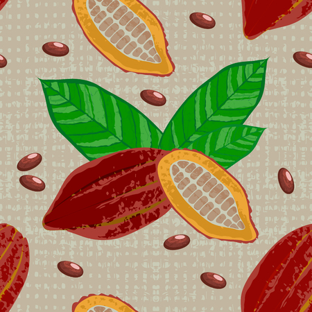 Cocoa fruits and leaves. Whole fruit, cut, cocoa beans. Vector illustration. Chocolate. Grunge texture. Textile background Seamless Patternのイラスト素材