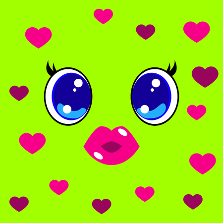 World Kiss Day. 6 July. Kawai style - eyes and lips, hearts. Concept of design for a banner, greeting card, T-shirt, print, poster.のイラスト素材