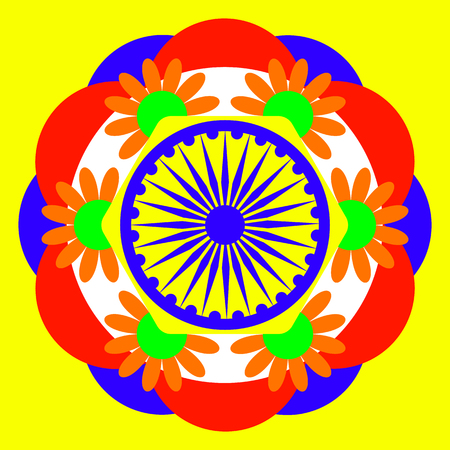 Independence Day of India. Concept of the Indian national holiday. Wheel with 24 spokes. Bright background with a mandalaのイラスト素材