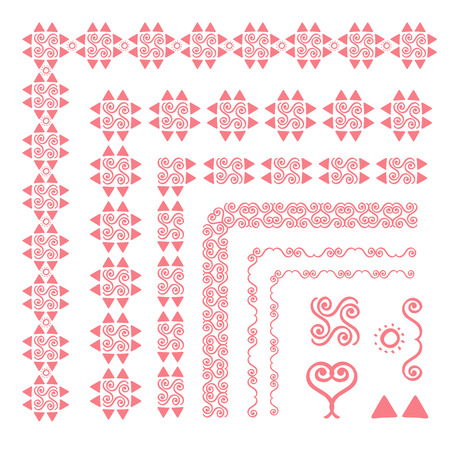 Set of decorative seamless ornamental border with corner. Separate ornamentation elements. Pink color. For children, women, wedding, holidayのイラスト素材