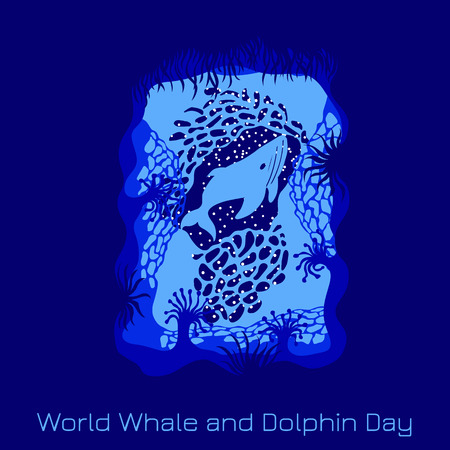 World Whale and Dolphin Day. Concept of ecological holiday. View from an underwater cave - plants, corals, whaleのイラスト素材