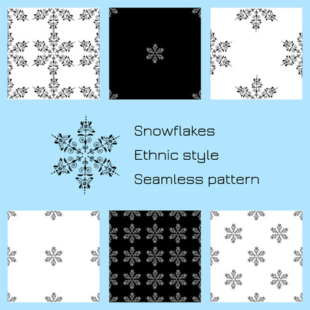 Set Snowflakes. Ethnic style. Black and white. Seamless pattern. For winter, New Year Christmas projectsのイラスト素材