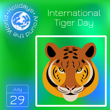 International Tiger Day. Wild mammal is an animal. Cartoon style. Calendar. Holidays Around the World. Event of each day. Green blur background - name, date, illustration.のイラスト素材