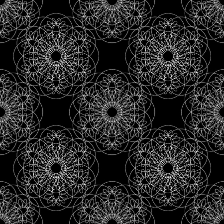 Flower mandala. Linear Graphics. Seamless pattern. Geometric symmetrical drawing. Black background. Small itemsのイラスト素材