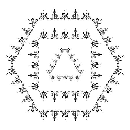 Set of decorative ornamental border with corner. Triangular, quadrangular, hexagonal frames. Two kinds of ornamental elements. For children, women, wedding holidayのイラスト素材