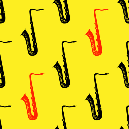 Jazz concept. Saxophone. Seamless pattern. Black and red elements. Yellow backgroundのイラスト素材