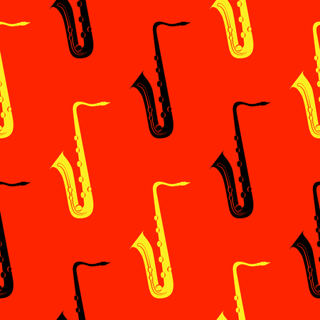 Jazz concept. Saxophone. Seamless pattern. Black and yellow elements. Red backgroundのイラスト素材