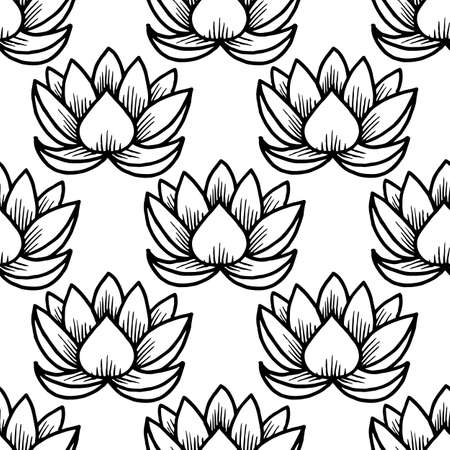 Lotus. Seamless pattern. Oriental Indian Chinese Traditional. White and blackのイラスト素材