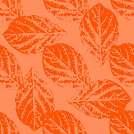 Prints of leaves of trees. Seamless pattern. Orange elements, orange backgroundのイラスト素材