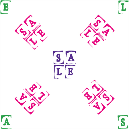 Sale. Event concept. Seamless Pattern. Letters of a word SALE - stamp. Colored elements, white background. Rotate 45 degrees. For children, womenのイラスト素材