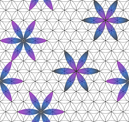 Flower of Life. Sacred geometry. Seamless pattern. Green and purple. Luminous points. White backgroundのイラスト素材