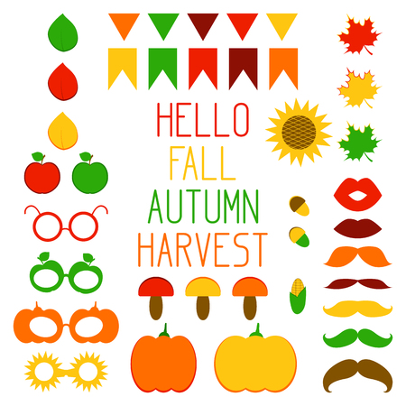 Photo booth props. Fall, autumn, harvest. Vector design elements for printのイラスト素材