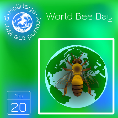 World Bee Day. Concept ecological event. 20 May. Realistic bee drawing. Planet Earth. Calendar. Holidays Around the World. Event of each day. Green blur background - name, date illustrationのイラスト素材