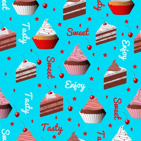 Sweet, enjoy, tasty. Cake, cupcake. Seamless Pattern Bright blue background with cherry and starのイラスト素材