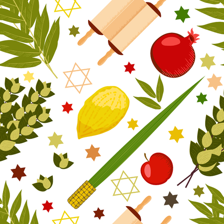 Sukkot. Concept of Judaic holiday. Traditional symbols - Etrog, lulav, hadas, arava. Torah scroll. Apple, pomegranate figs Star of David Seamless Patternのイラスト素材