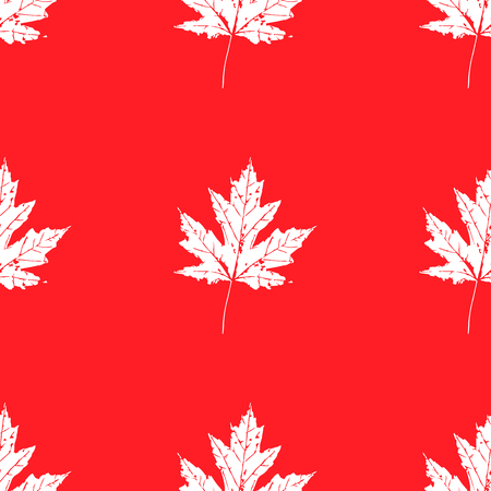 Prints of leaves of trees. Canadian Maple. Seamless pattern. White elements, red backgroundのイラスト素材