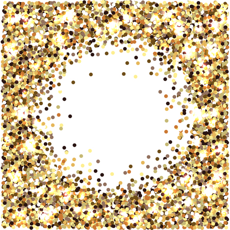 Gold glitter. Celebratory background. Round elements gold shades. Glow effect. Round place for text in the center. White background. New Year, Christmas, wedding birthday anniversaryのイラスト素材