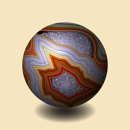 Agate. Ball of stone. Precious stone, gemstone, mineral. Section of druses. Vector illustration. Texture of layers of stone. Geology mining science jewelry backgroundのイラスト素材