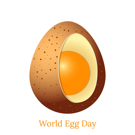 World Egg Day. Concept food holiday. Realistic illustration. Chicken egg with a view inside. Eggshells is brown with specks. Yolk and white.のイラスト素材