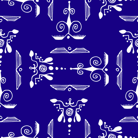 Ethnic style ornament. Seamless pattern. Abstract silhouette. Indian, Native American Aztec. Dark Blue backgroundのイラスト素材
