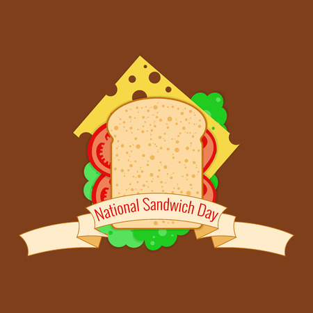 National Sandwich Day. 3 November. The concept of food holiday in the United States. Veggie sandwich - bread, cheese, tomatoes, lettuce. Ribbon with the name of the eventのイラスト素材