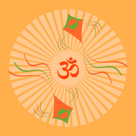 Makar Sankranti. Kite festival in India. Winter Solstice Harvest Festival. Om sign, kites, background with rays from the centerのイラスト素材