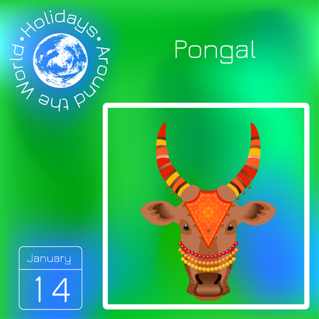 Maatu Pongal. Hindu harvest festival in India and Sri Lanka. The head of a cow. Calendar. Holidays Around the World. Green blur background - name, date illustrationのイラスト素材