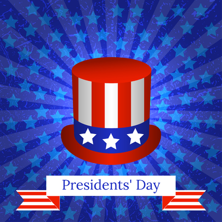 Presidents Day. The concept of a national holiday in the United States. Top hat with USA flag symbols. Background with rays and stars. Grunge texture. Ribbon with the name of the eventのイラスト素材