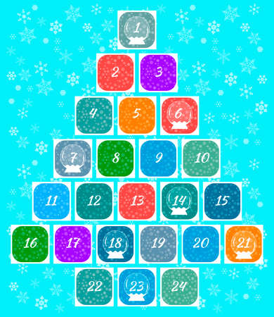 Christmas advent calendar. Multi-colored windows with numbers of December days and snow balls. Snowflakes Backgroundのイラスト素材