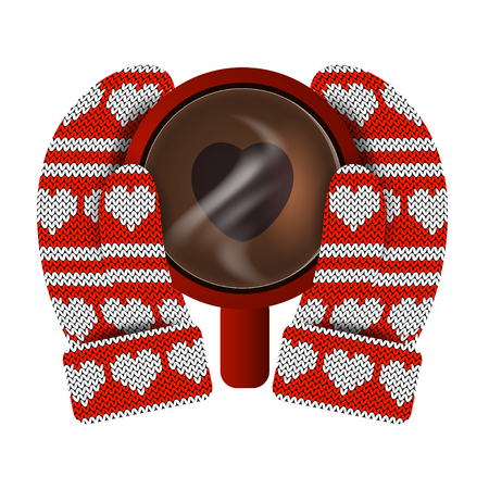 Valentines Day. Hands in knitted mittens hold a red mug with hot coffee. Heart shaped coffee foam. Knitting Pattern of hearts and stripes. White and redのイラスト素材