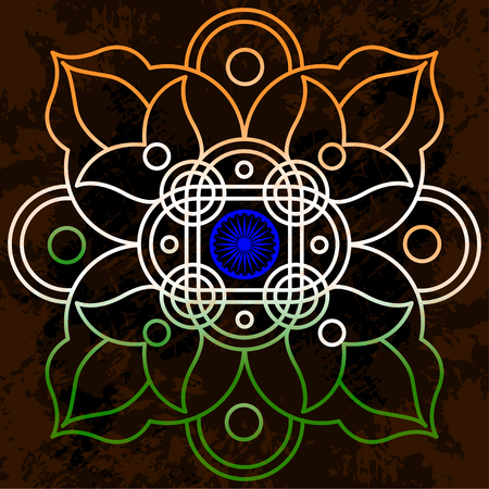 Republic Day in India. The concept of a national holiday. The symbols of the Indian flag are the blue wheel and the colors are saffron, white, green. Grunge background, ornamentのイラスト素材