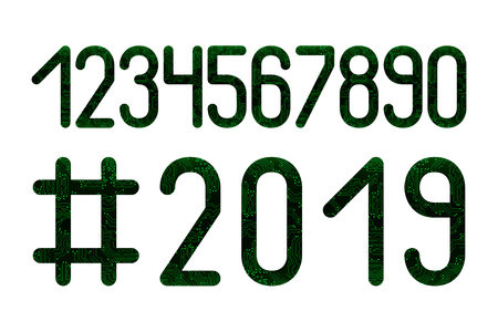 Numbers set. Hashtag 2019 New Year. Microcircuit Green pattern, white backgroundのイラスト素材