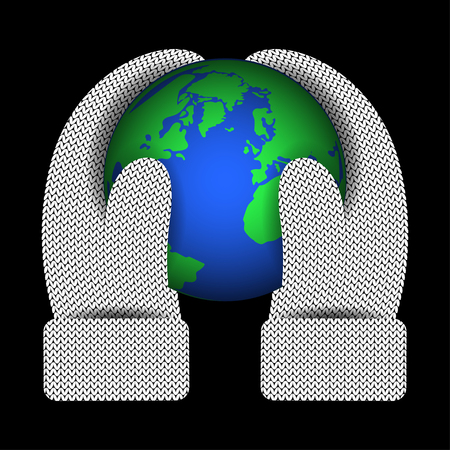 Hands in knitted mittens hold a planet Earth. Knitting Pattern. Concept Ecology, Environmental Protection, Respect for natureのイラスト素材