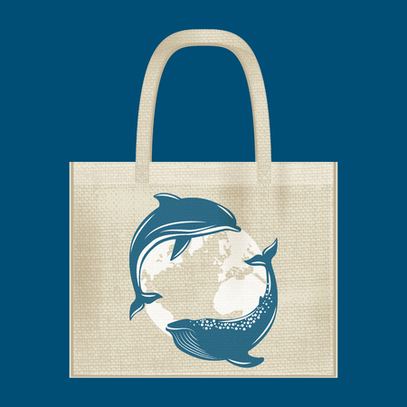 Canvas cotton textiles eco bag. Whale, dolphin, planet Earth. Natural color. Stop plastic pollution. Grunge burlap textureのイラスト素材