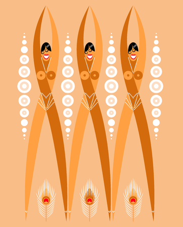 Girls flappers from the 1920s. Stylized illustration of a dancers. Pearl and Peacock Feathersのイラスト素材