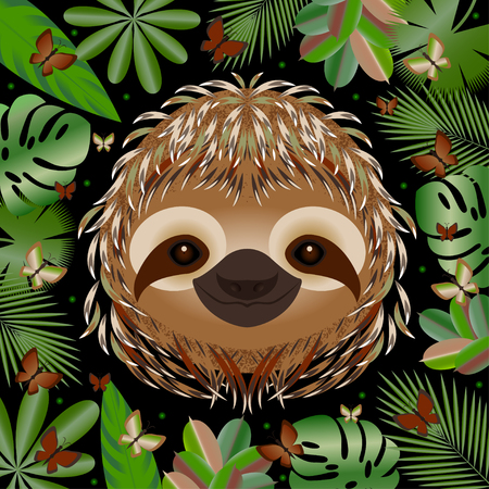 Sloth. Head face portrait. Beige fur. Cartoon style. Animal smiles. Frame of jungle leavesのイラスト素材