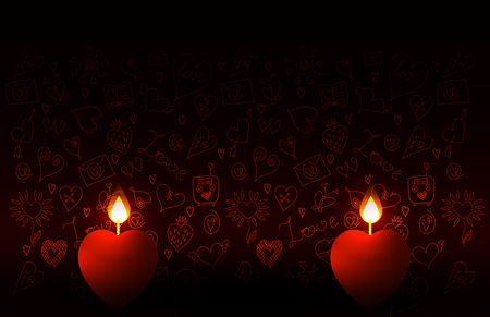 Valentines Day. Two burning candles in the shape of a heart. Against the background of wallpaper with doodle-pictures on the theme of loveのイラスト素材