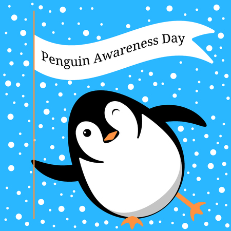 Penguin Awareness Day. Vector cartoon illustration. Penguin slides on the ice, winks, holds a flag with the name of the eventのイラスト素材